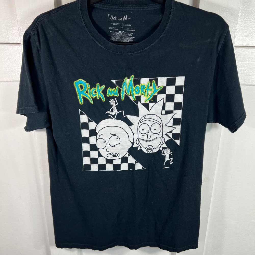 Rick and Morty Black Graphic T-Shirt Small Checkered Adult Swim Tee 2034
